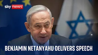 Israeli Prime Minister Benjamin Netanyahu delivers a speech