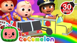 Wheels on the Bus vs Firetruck Rainbow Race | Playground Song | Best Cars & Truck Videos for Kids