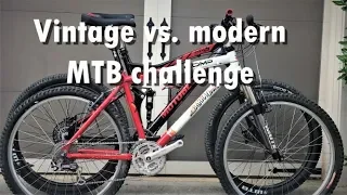 Vintage vs. Modern MTB comparison Retro hard tail mountain bike vs new full-suspension