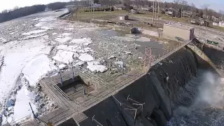 Ballville Dam ice jam release filmed with aerial drone