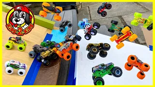 Monster Jam Toys & Hot Wheels Monster Trucks - 64 MONSTER TRUCKS Super 16 LANE Downhill Race!