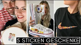 5x Sticken Geschenke Inspiration - bestickte (Baby)-Chucks, NIKE-Blumenlogo & Familienportraits