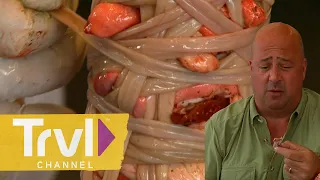 Lamb Organs Skewered & WRAPPED with Intestines | Bizarre Foods with Andrew Zimmern | Travel Channel