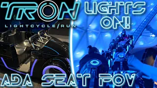 Tron Lightcycle Run Nighttime Lights On POV! View From Accessible Seat Last Row! Magic Kingdom WDW!