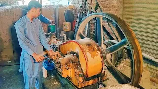 Start up amazing old heavy diesel engine on wheat grinder machine @Tajamaltv1