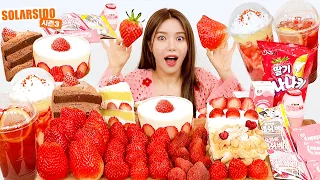 Strawberry Mukbang, 3 types of cake & 4 types of new snacks & 4 types of drinks.