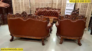 #458 Truly Premium Sofa Set Double Carved in Teak Wood in Glossy Finish | Aarsun