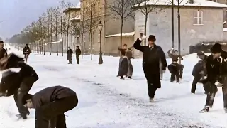 People Throwing Snowballs in 1897 in Color