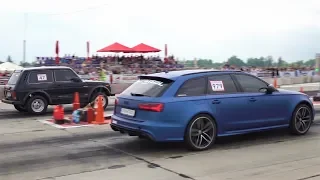 1500 HP Lada Turbo Niva V8 LS Engine (Sleeper) vs Audi RS6 vs Audi RS3 - Drag Race And Burnouts