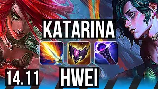 KATARINA vs HWEI (MID) | 74% winrate, 8 solo kills, 15/4/5, Dominating | EUW Grandmaster | 14.11