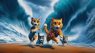 Cute Cat Family meets Tsunami 😲 Ai Cat Story #cat #catstory #catvideos #cutecat