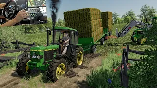 Overload bale trailer on John Deere 2850 | Thrustmaster T248 gameplay on FS 22