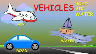 Vehicles, Road Vehicles, Air Vehicles, Water Vehicles, Vehicles names, Vehicles for kids. Transport.