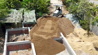 New Project Dump Truck Dumping Sand Complete Box100% And Bulldozer Pushing Sand In To Box Filling Up