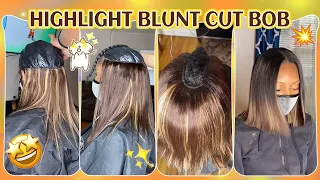 QUICK WEAVE TUTORIAL🔥BROWN HIGHLIGHTS HAIR w/ LEAVE OUT | BLUNT CUT BOB LENGTH START TO FINISH