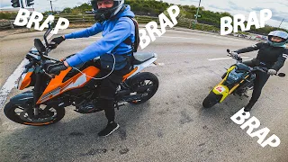 Ride to Ace Cafe with @HerRide & KTM Duke 125. Part 3. | YAMAHA MT-07 AKRAPOVIC + QUICKSHIFTER [4K]