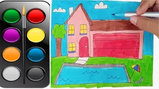 How to Draw a House with a Fun Swimming Pool, Big House with a Swimming Pool, Jassu Kids Arts