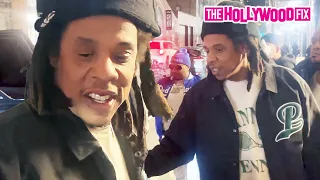 Jay-Z Makes A Deal With Fans For One Autograph Each While Leaving His Office In New York, NY