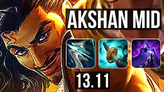 AKSHAN vs YASUO (MID) | 500+ games, Legendary | KR Master | 13.11