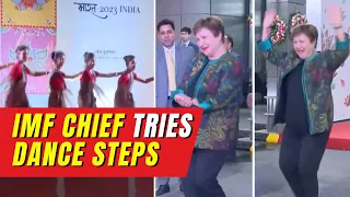 IMF Chief Kristalina Georgieva dances to Indian folk on her arrival for G20 Summit