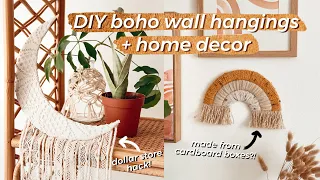 MAKING DIY BOHO HOME DECOR WITH CARDBOARD! | Dollar Store Crochet Moon + Rainbow Wall Hanging