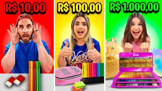 QUEM COMPRA O MELHOR MATERIAL ESCOLAR DE R$10, R$100 e R$1000 *Desafio