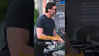 Hugh Jackman enjoys a Citi Bike ride while chatting in New York City