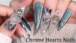 Cool Chrome Hearts Nails🖤 Polygel extension / Nail Art ASMR