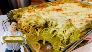 The Best Mexican Poblano Cream Baked Green Spaghetti Recipe | Spaghetti Verde