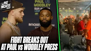 Fight Breaks Out At Jake Paul vs Tyron Woodley Conference?! | Pat McAfee Reacts