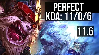 KLED vs VOLIBEAR (TOP) | 11/0/6, 6 solo kills, Legendary, 300+ games | KR Diamond | v11.6