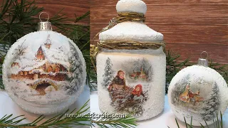 EASY CHRISTMAS 🎄 DECORATIONS DIY IDEAS TO RECYCLE GLASS JAR & SNOW EFFECT BAUBLES ORNAMENTS