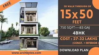 15x50 House Design 3D | 750 Sqft | 83 Gaj  | 4 BHK | Modern  Design | Terrace Garden | 4x15 Meters