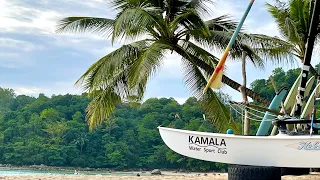 Kamala Beach. Phuket Island. Thailand. Beach clubs, Cafe Del Mar, coastal luxury hotels, surfing. 4k