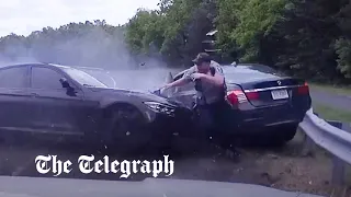 Out-of-control car crashes inches away from police officer