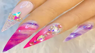 Pink & Purple Glitter Glass Marble Ombré Bling | Acrylic Nails Tutorial