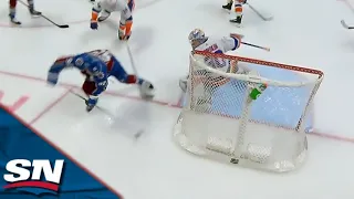 Gabriel Landeskog Scores From Below Goal Line By Banking Puck Off Ilya Sorokin