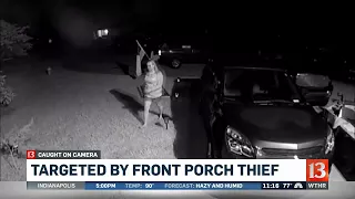 Camera captures woman stealing from porch, lawn