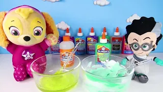 PAW Patrol Sky and PJ Masks Romeo play Mystery Box Slime Challenge