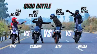 Ktm Rc200 Bs6 Vs Bajaj Rs200 bs4 Vs Yamaha R15 v3 Bs6 Vs Ktm Rc 200 Bs4 | The Ultimate Quad Battle