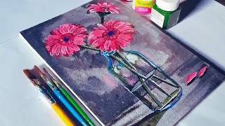 Pink Daisies in Glass Vase Painting || Flower Vase Acrylic Painting Step by Step 💐