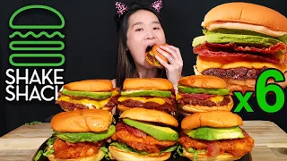 Eating 6 SHAKE SHACK Avocado Bacon Burgers! Chicken Sandwich & Cheeseburger Mukbang - Food Challenge