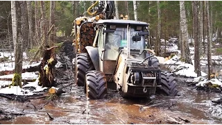 Valtra forestry tractor, John Deere 1110D and Timberjack 810B logging in wet conditions