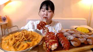 감자통모짜 체다치즈 핫도그 마라로제 떡볶이 어묵튀김 분모자 바삭한 꽈배기 먹방 Cheese Hotdog Spicy Mara rosé Tteokbokki Noodles Mukbang