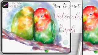 How to paint watercolor birds - Valentine’s Day illustration - Procreate tutorial on Ipad