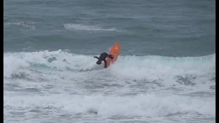 pyzel white tiger surfboard in junky UK waves