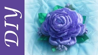 Заколка канзаши  Пион из ленты/Peony kanzashi of tape