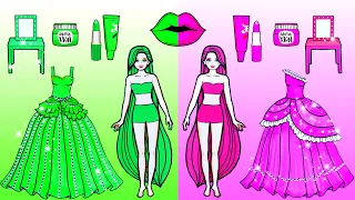 Green Dress Vs Pink Dress - Color Makeup Contest Challenge - Dolls Beauty Story & Crafts