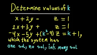 Determine which values of k will give, one Solution, no Solution, or infinitely Many Solutions