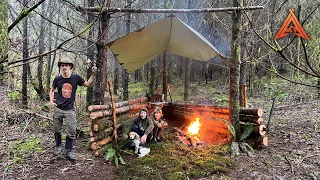 Building Primitive Bushcraft Shelter in the Woods with The Boys